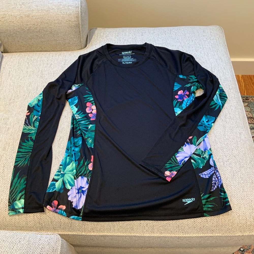NWOT Womens Speedo Swim and Sun Cover Up Shirt Black With Floral XL